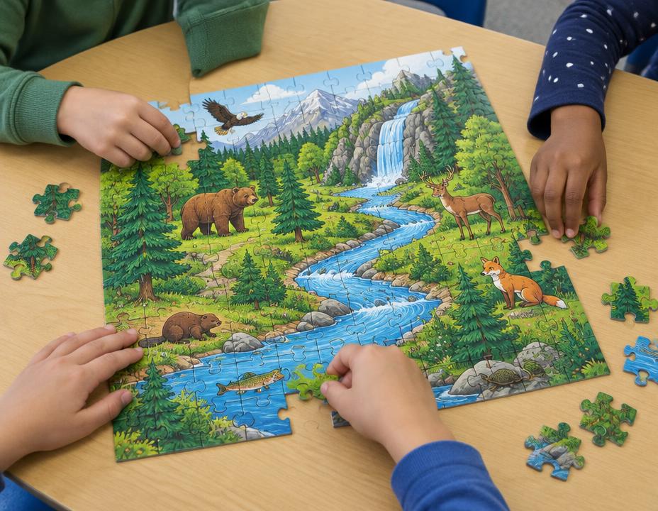 Niños montando un puzzle educativo sobre naturaleza y reciclaje