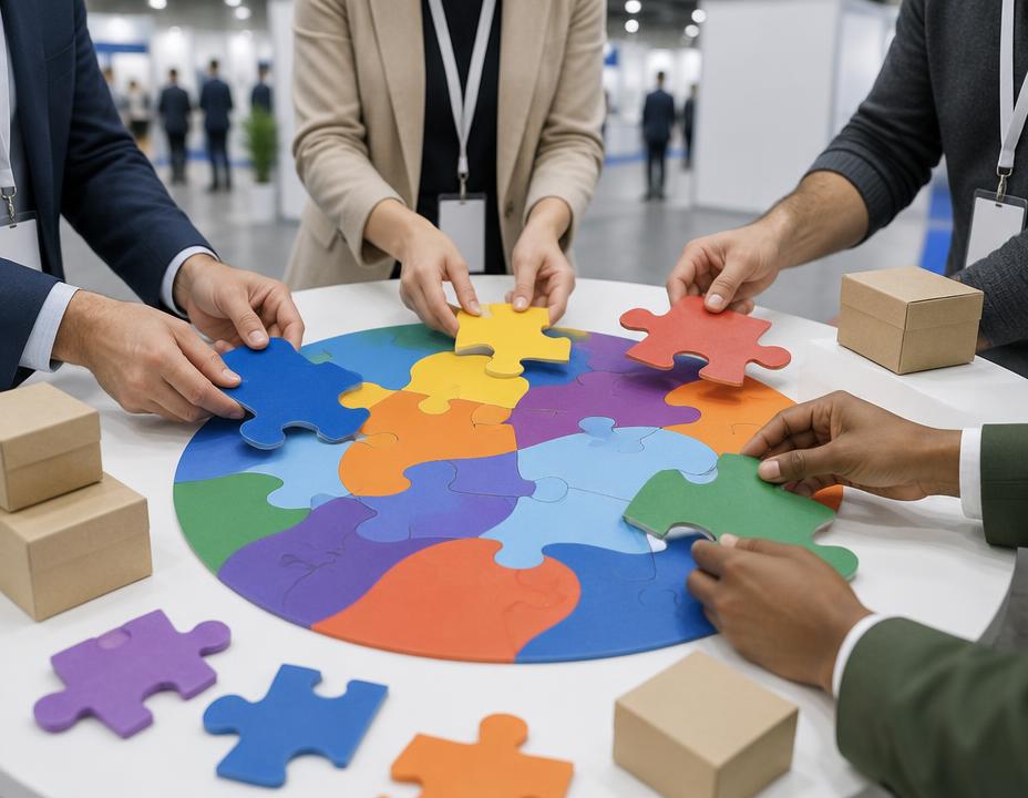 Visitantes montando un puzzle de gran formato en un stand de feria