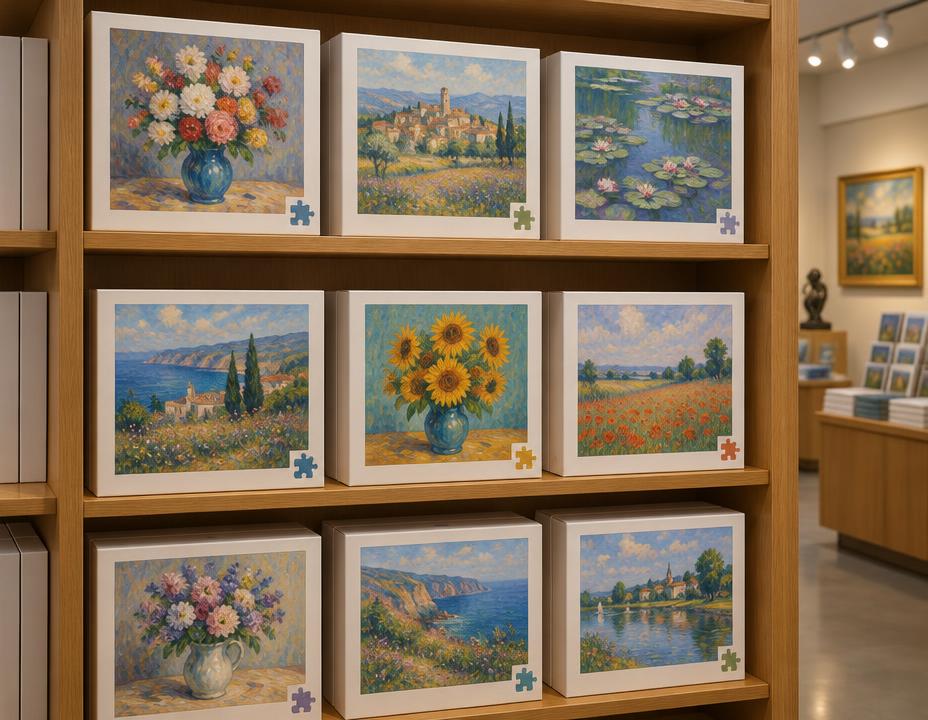 Tienda de museo con cajas de puzzle de obras de arte expuestas en estantería