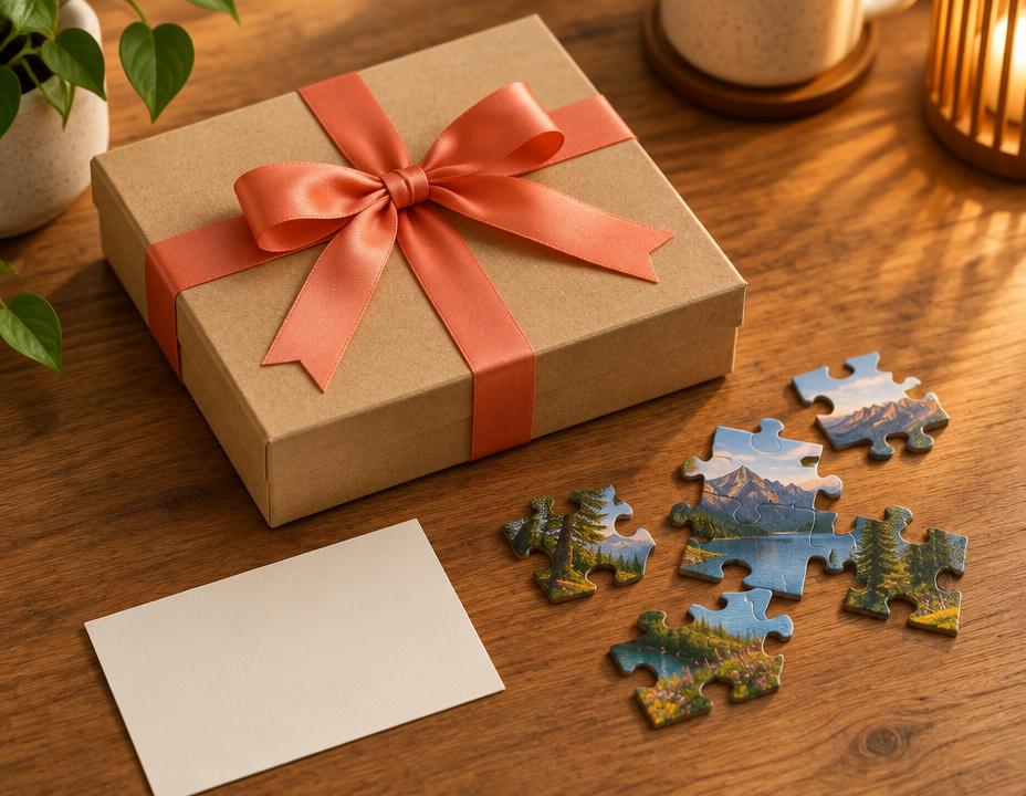 Caja de puzzle personalizada con lazo junto a una tarjeta de agradecimiento