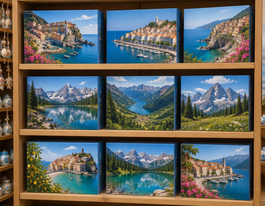 Estantería de tienda de recuerdos con cajas de puzzle de paisajes y monumentos