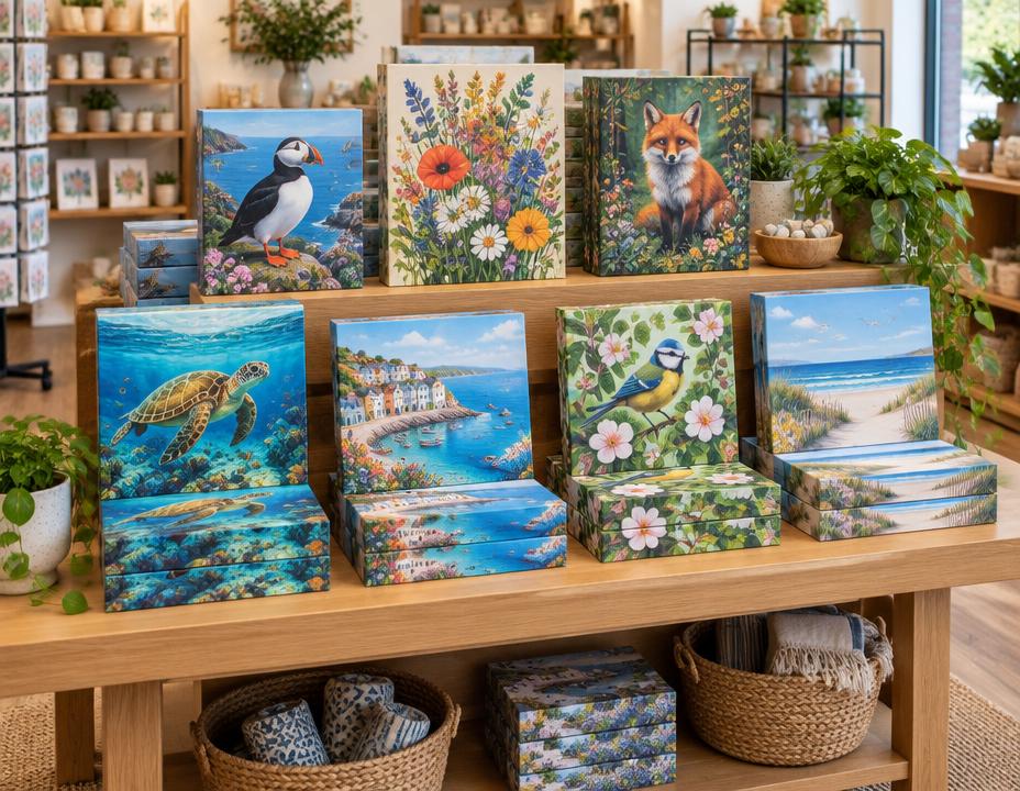 Expositor de tienda con una colección de puzzles ilustrados con caja